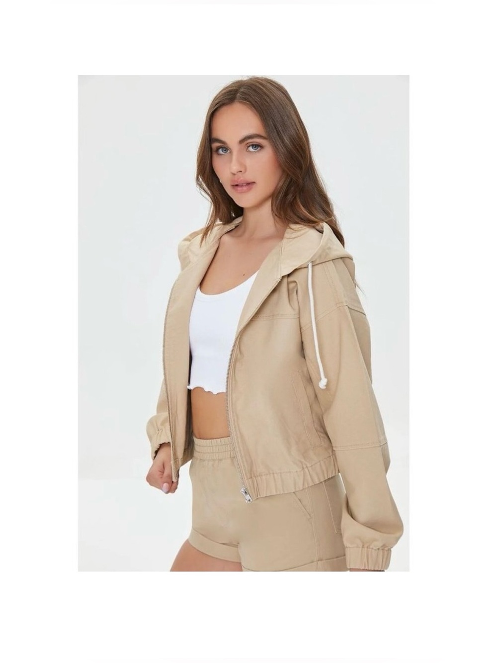 Forever 21 Beige 100 percent Cotton Hooded Bomber Jacket Size Large